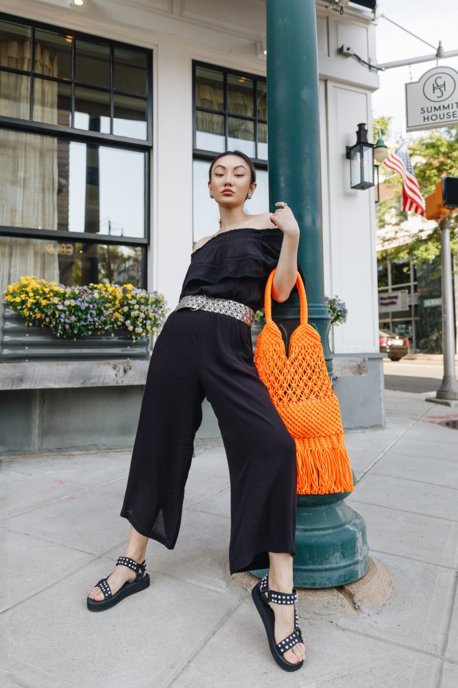 summer weekly outfits featuring walmart jumpsuit steve madden sandals and orange macrame bag // Jessica Wang - Notjessfashion.com