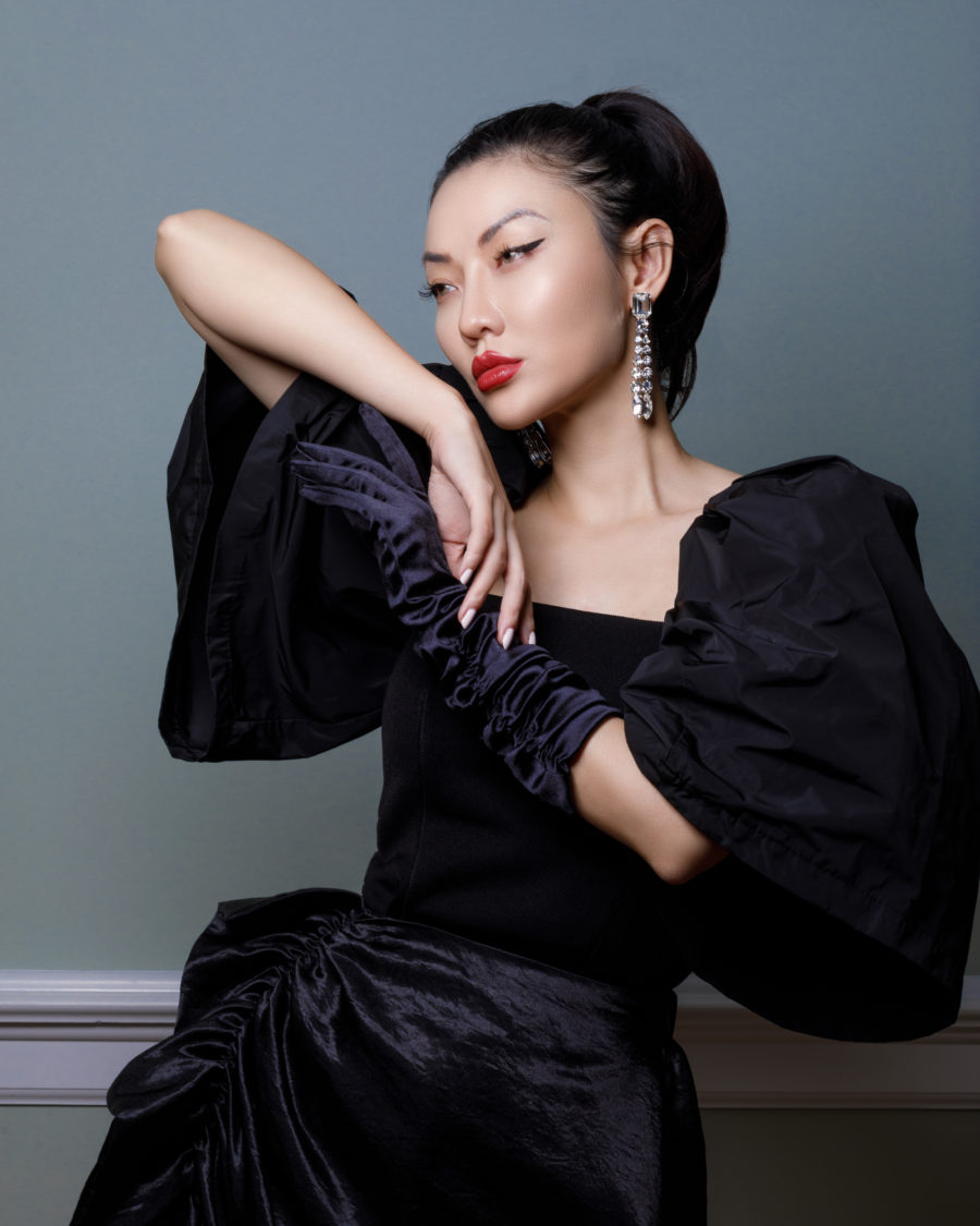 Christmas Outfits - dark glam - rhinestone earrings, black silk dress, black puffy sleeve top// Jessica Wang - Notjessfashion.com