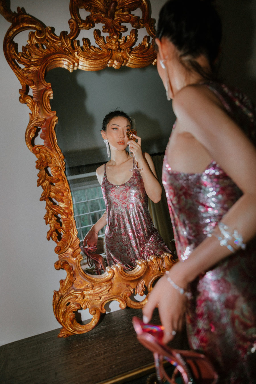 fashion blogger jessica wang wearing a sequin dress with crystal drop earrings and sharing her favorite fashion items // Jessica Wang - Notjessfashion.com