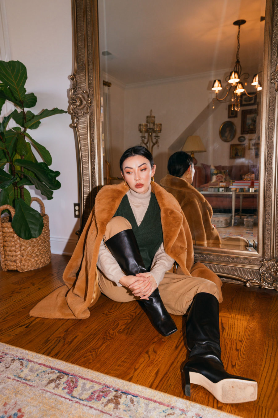 Christmas Outfits - luxe faux fur - faux fur coat, green vest, beige turtle neck, beige pants, square toe boots// Jessica Wang - Notjessfashion.com