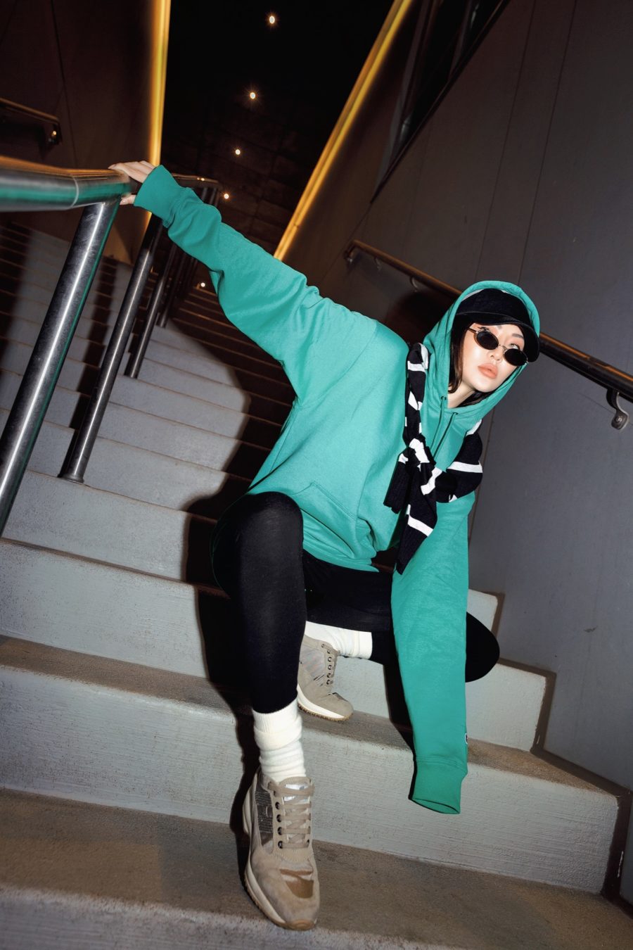 Jessica wang wears a green champion hoodie with walmart tights and shares how to style leggings for everyday // Jessica Wang - Notjessfashion.com