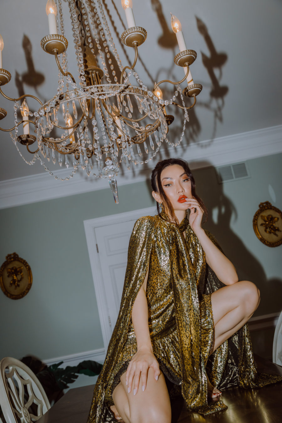 fashion blogger jessica wang wearing a gold dress with red lipstick and sharing 2021 beauty trends // Jessica Wang - Notjessfashion.com