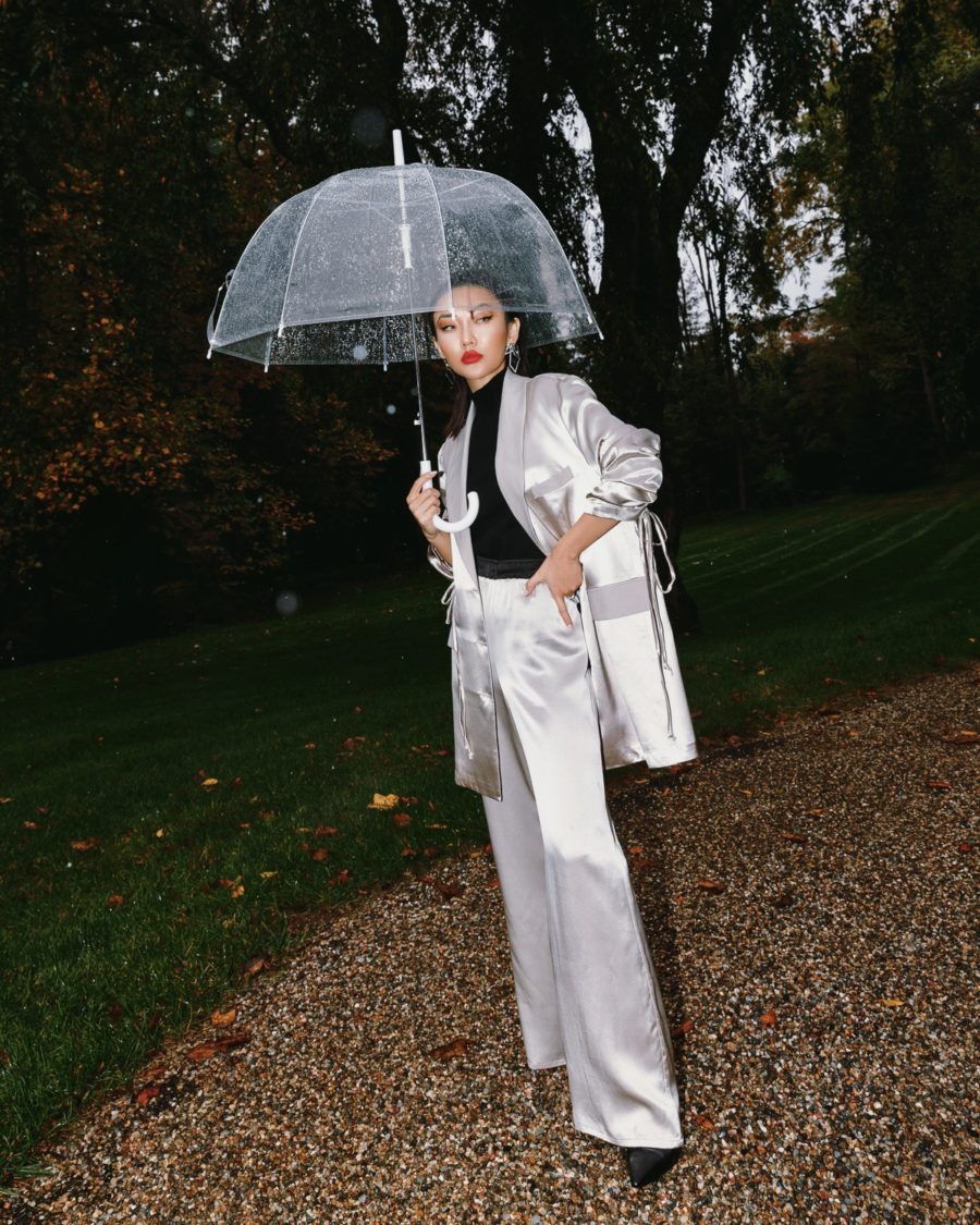 fashion blogger jessica wang wearing a metallic suit while sharing the best black friday deals 2020
