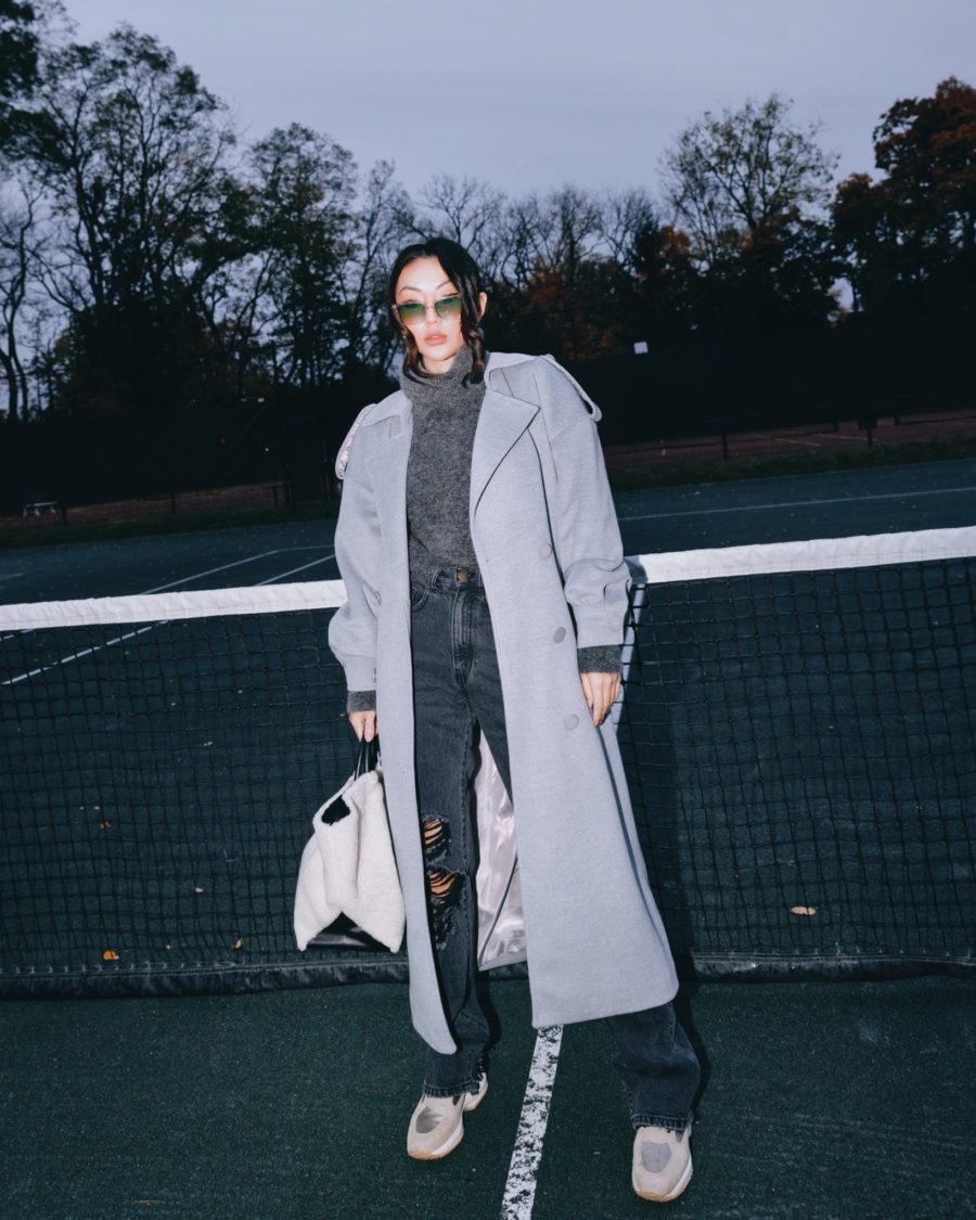 jessica wang wears a gray maxi coat to dress up loungewear // Jessica Wang - Notjessfashion.com