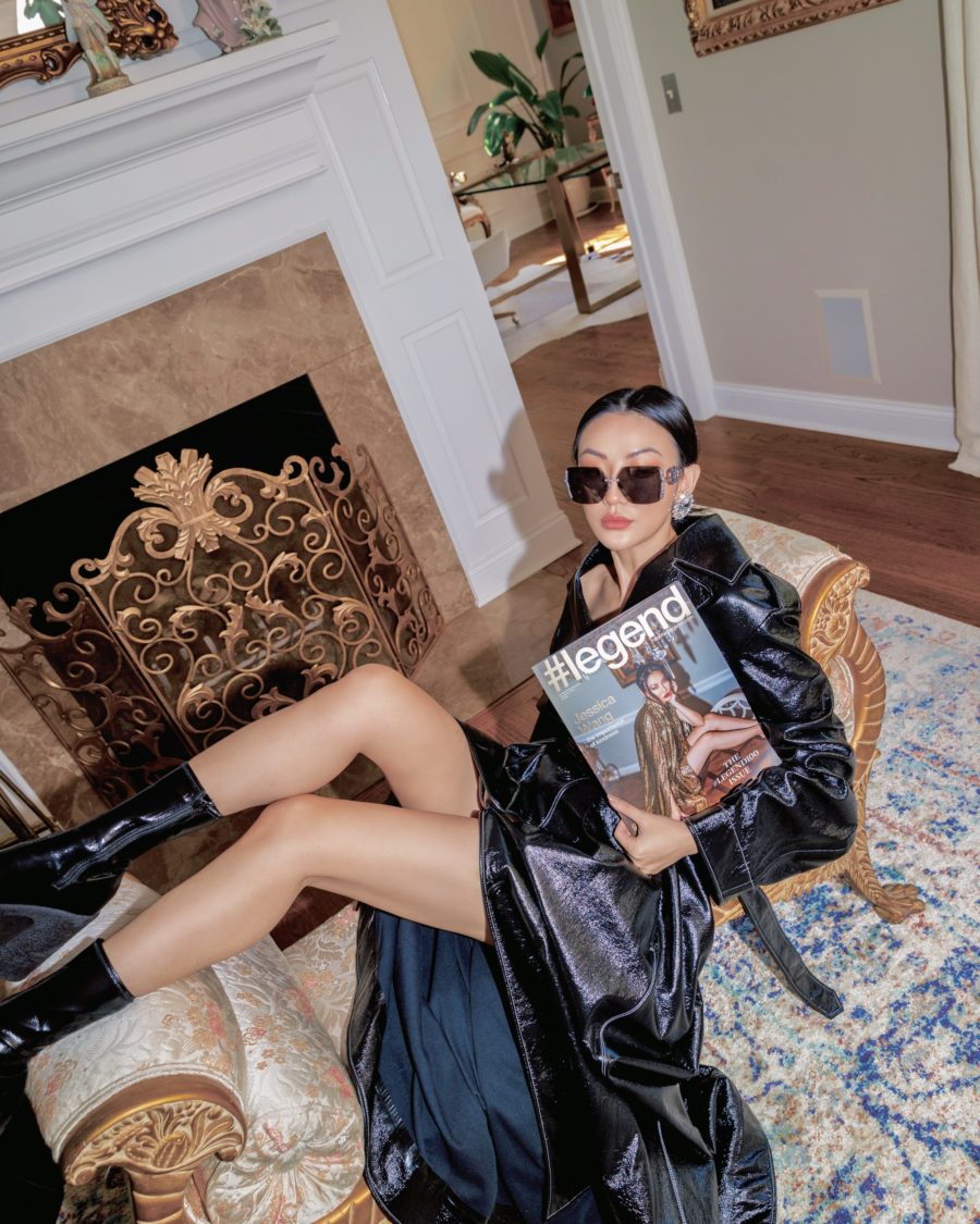 Jessica Wang wearing a leather coat with patent boots while sharing emerging fashion brands // Jessica Wang - Notjessfashion.com