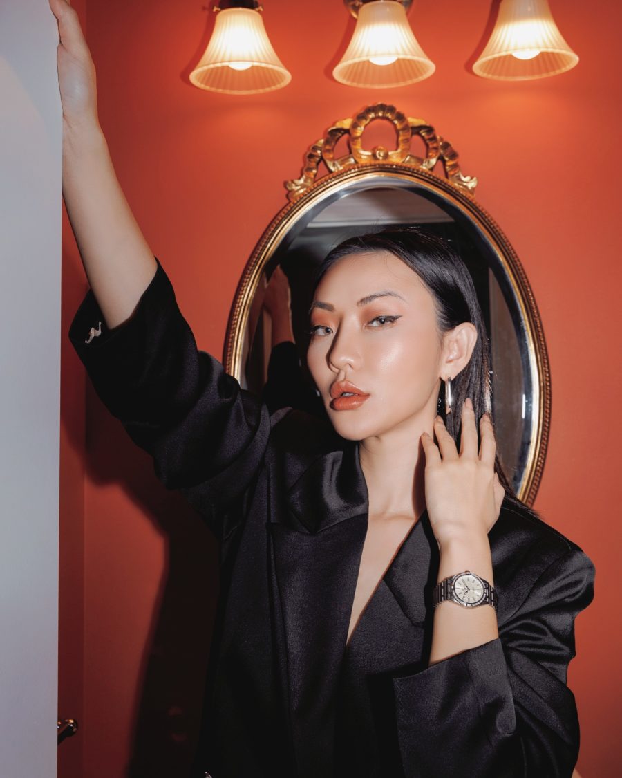 Jessica Wang wearing a red strapless bodycon midi dress and saint laurent opyum sandals with green nail polish while sharing fall 2021 nail colors // Jessica Wang - Notjessfashion.com
