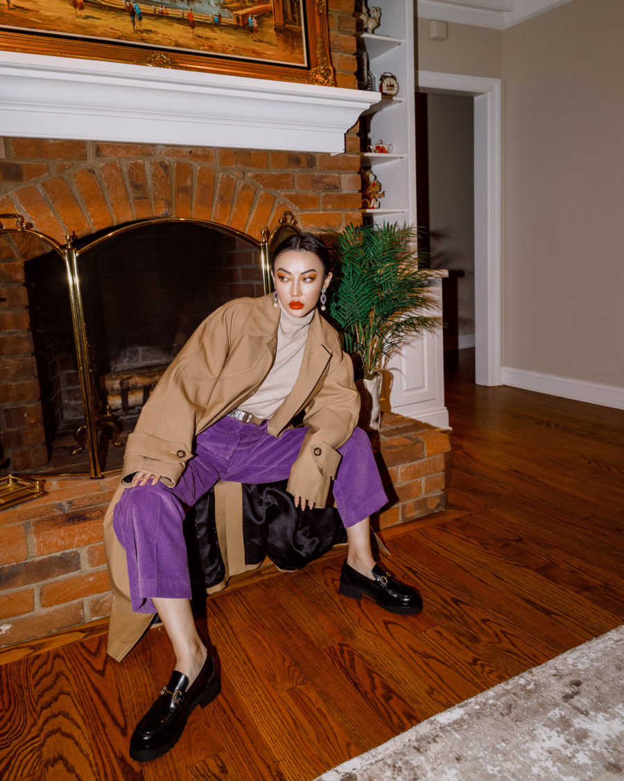 jessica wang wearing a fall 2021 outfit with a trench coat, beige turtle neck, purple corduroy pants, and chunky loafers // Jessica Wang - Notjessfashion.com