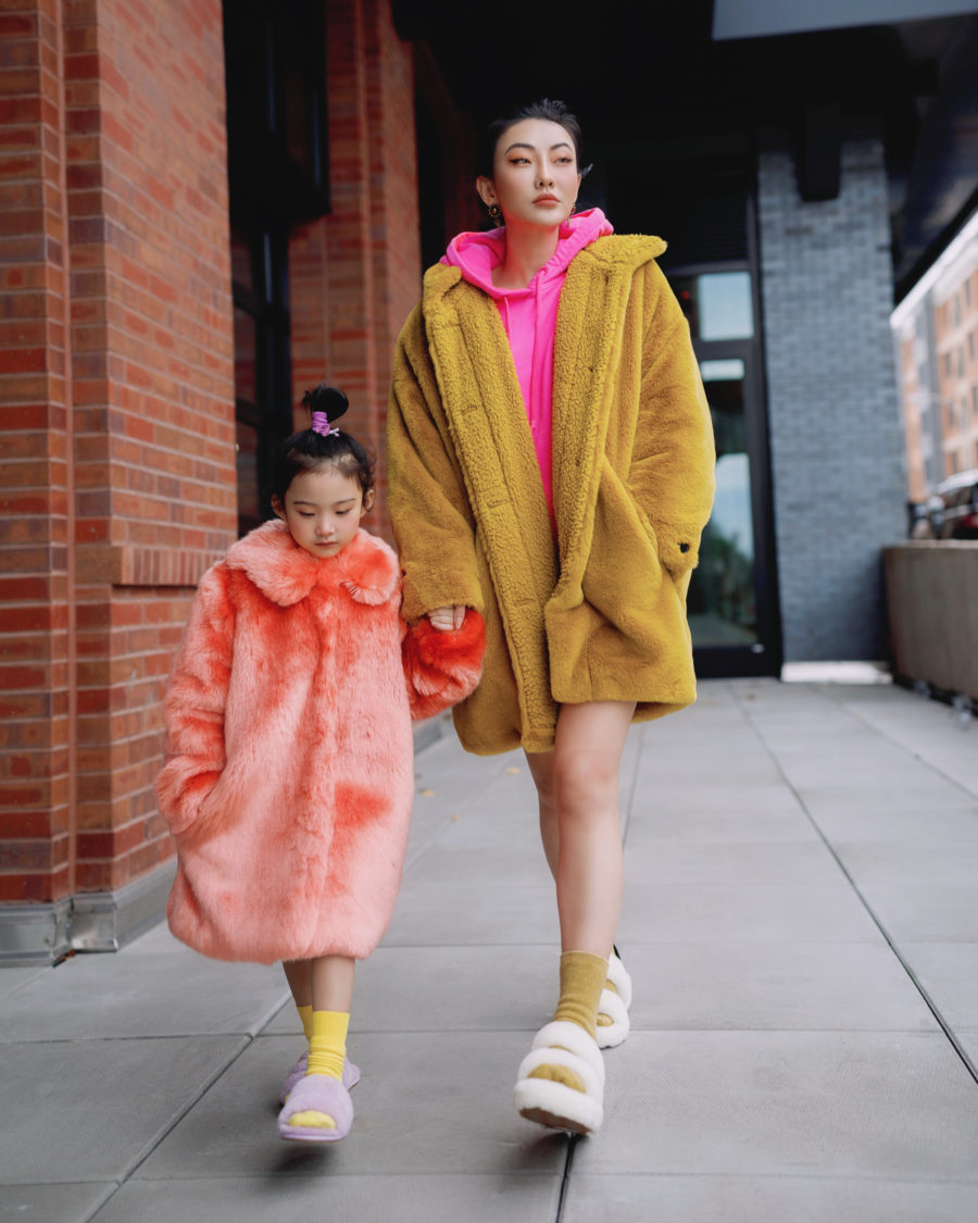 jessica wang wears a yellow faux fur coat with white faux fur slippers // Jessica Wang - Notjessfashion.com