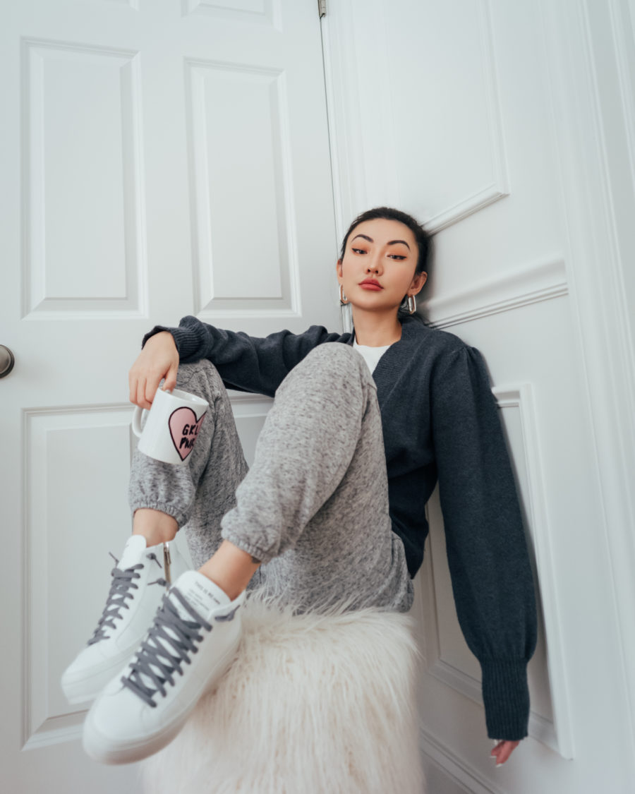 jessica wang wearing a grey cardigan and grey sweatpants for a comfortable spring outfit // Jessica Wang - Notjessfashion.com