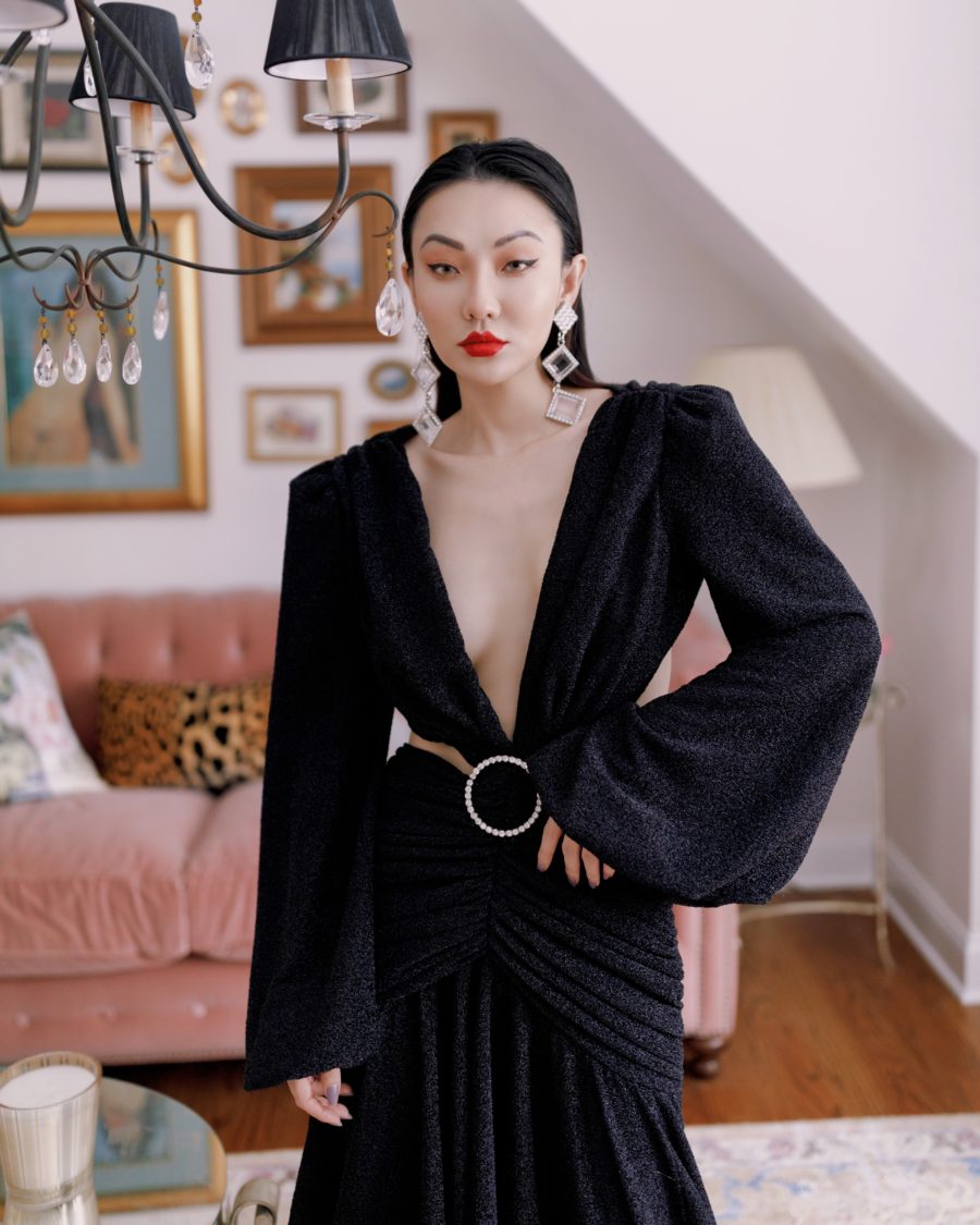 jessica wang wearing red lipstick and a black gown // Jessica Wang - Notjessfashion.com