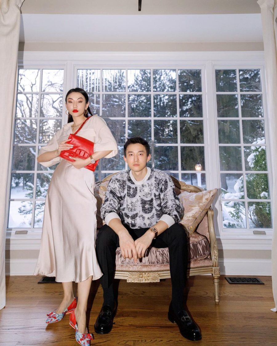 Jessica Wang wearing family photo outfits featuring a white slip skirt and red pumps // Jessica Wang - Notjessfashion.com