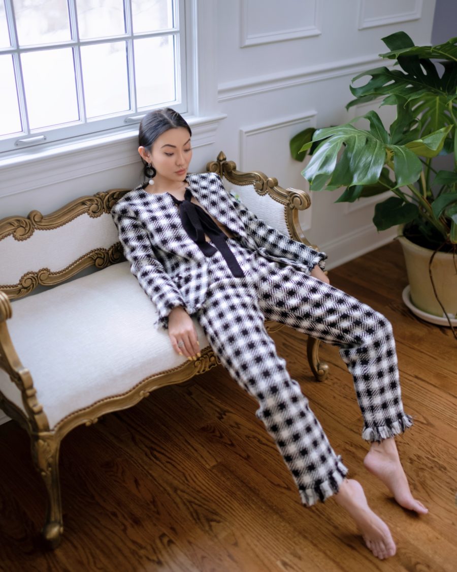 jessica wang wearing plaid blazer and pants while sharing casual spring suits for women // Jessica Wang - Notjessfashion.com