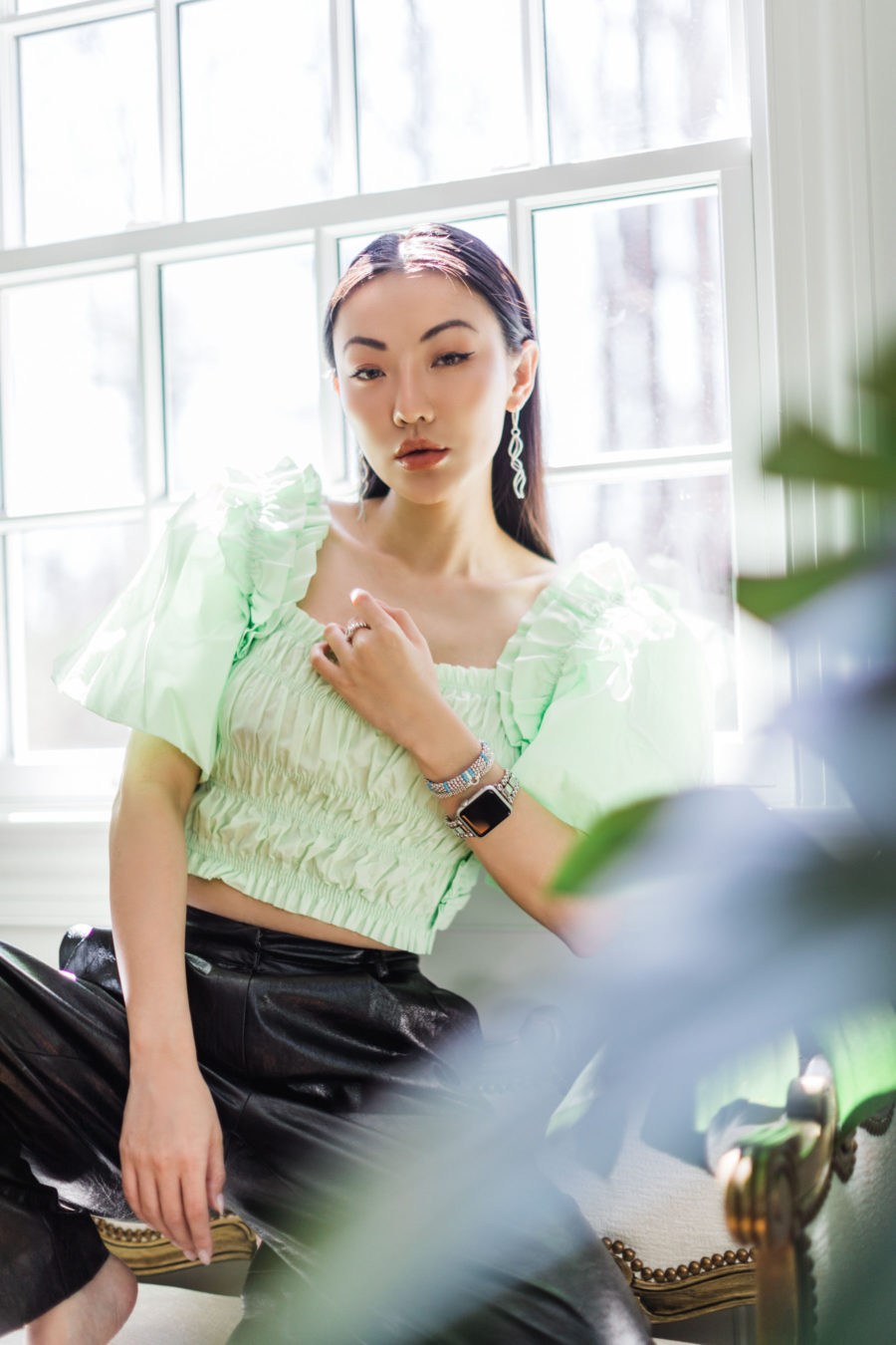 jessica wang spring outfits featuring a green puff sleeve top and leather pants // Jessica Wang - Notjessfashion.com