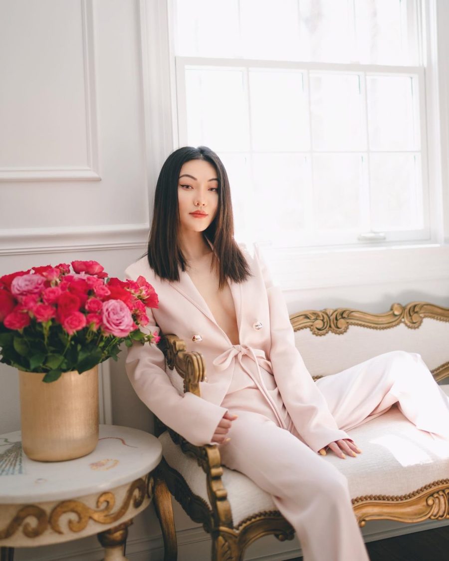 Jessica Wang wearing a blush tie blazer with matching pants // Jessica Wang - Notjessfashion.com