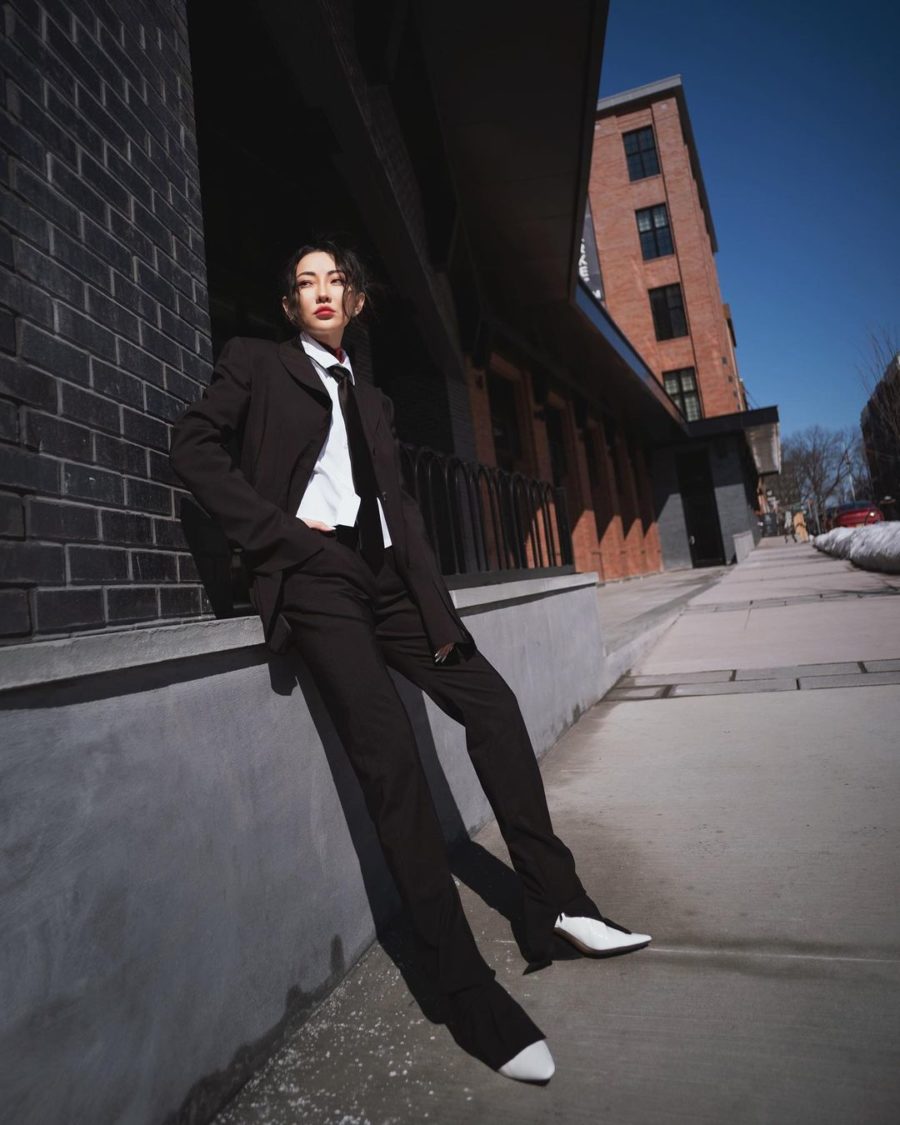 jessica wang wearing a black blazer, neck tie, white button up shirt, and black trousers while sharing her fall capsule wardrobe from the nordstrom anniversary sale // Jessica Wang - Notjessfashion.com