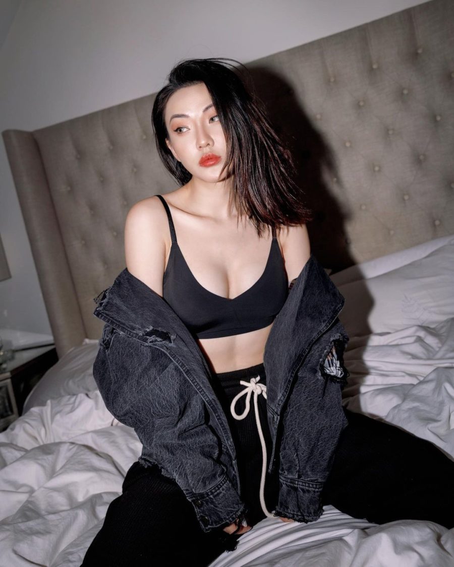 jessica wang wearing a True&Co bra with sweat pants and a black denim jacket while sharing her must-have lingerie brands // Jessica Wang - Notjessfashion.com