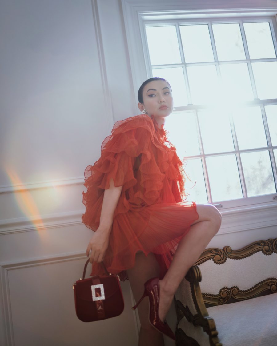 jessica wang wearing a red ruffle dress with a roger vivier handbag and sharing instagram hacks for 2021 // Jessica Wang - Notjessfashion.com