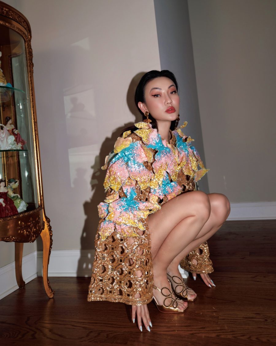 Jessica Wang wearing holiday party outfits featuring a lace sequin jacket // Jessica Wang - Notjessfashion.com