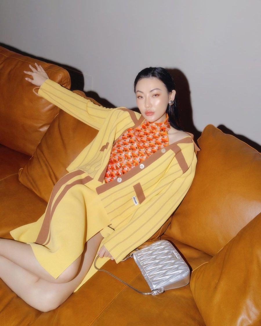 jessica wang wearing a yellow miu miu cardigan and matching skirt with a metallic handbag while sharing her recent favorite spring outfits // Jessica Wang - Notjessfashion.com