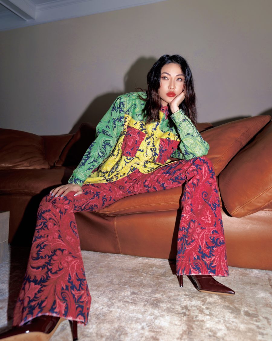 fall street style looks featuring Jessica Wang wearing a matching outfit with printed button up shirt and printed wide leg pants // Jessica Wang - Notjessfashion.com