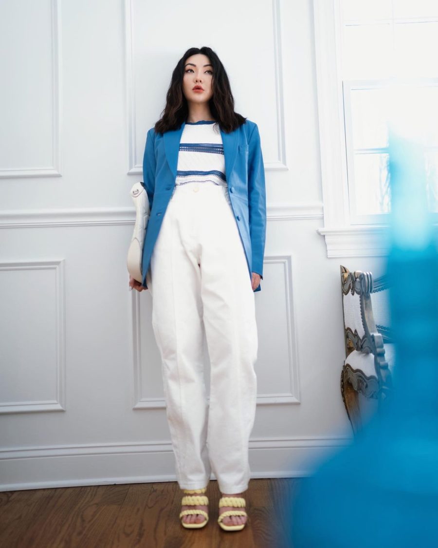 Jessica Wang wearing a blue blazer and white jeans for family photo outfits // Jessica Wang - Notjessfashion.com