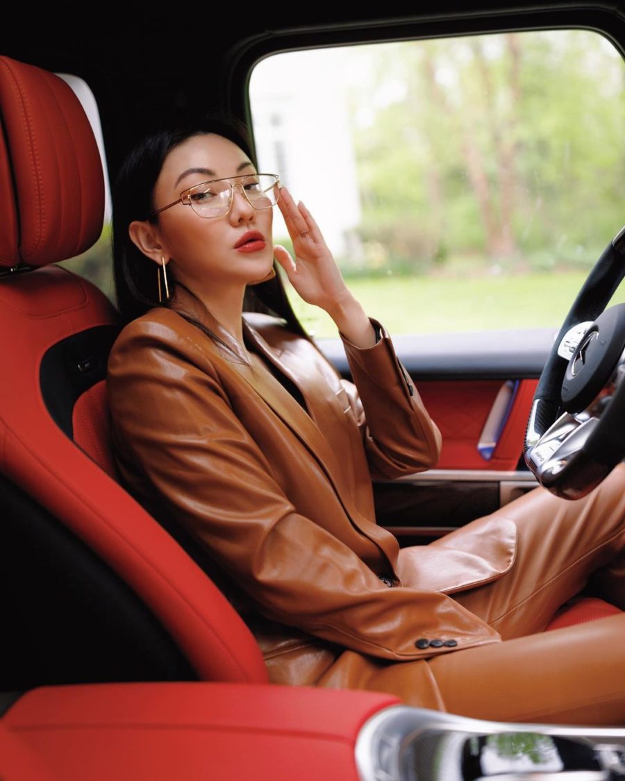 jessica wang wearing a brown leather blazer with matching pants and versace glasses // Jessica Wang - Notjessfashion.com