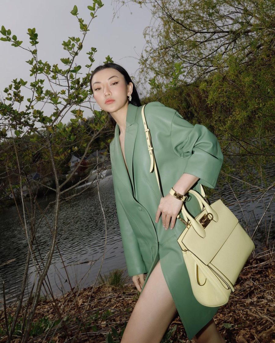 jessica wang wearing a faux leather green blazer with a yellow ferragamo bag while sharing the best labor day sales 2021 // Jessica Wang - Notjessfashion.com