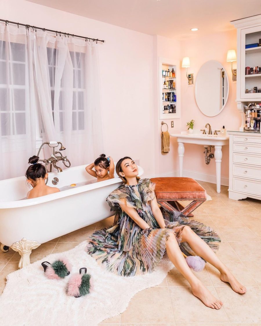 jessica wang wearing an aje pleated dress while sharing her favorite bathroom decor // Jessica Wang - Notjessfashion.com