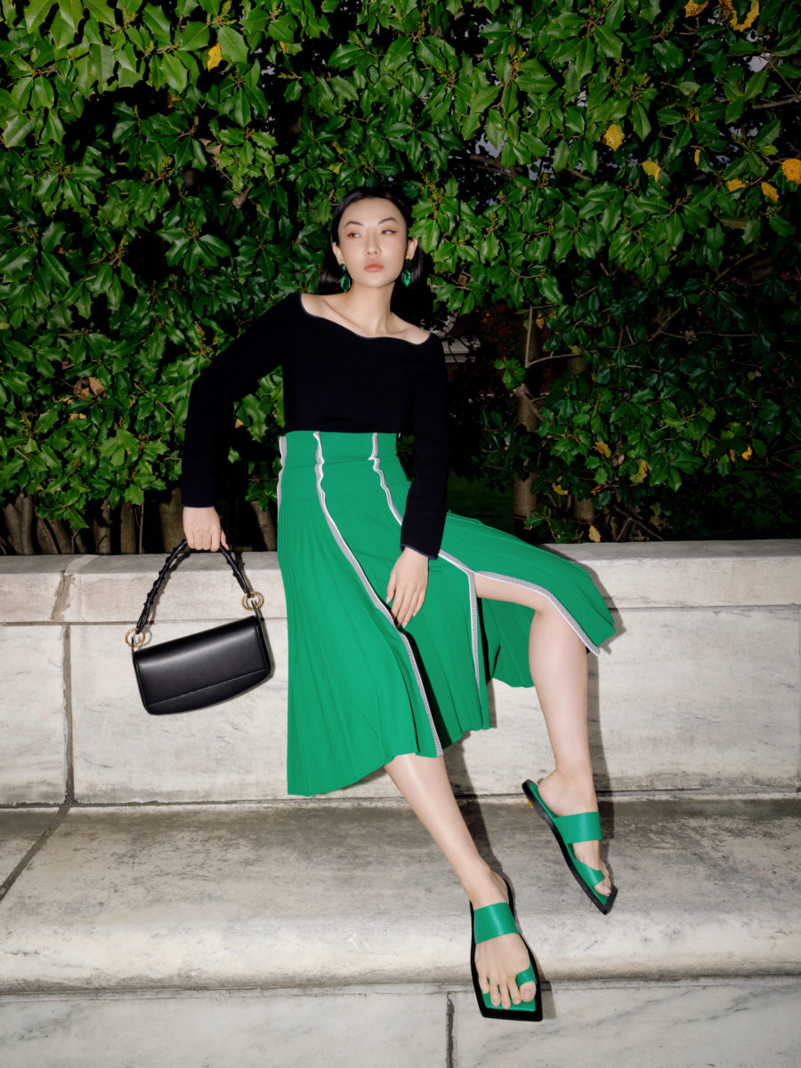 jessica wang wearing a black off the shoulder top with a green pleated skirt for a back to office outfit // Jessica Wang - Notjessfashion.com