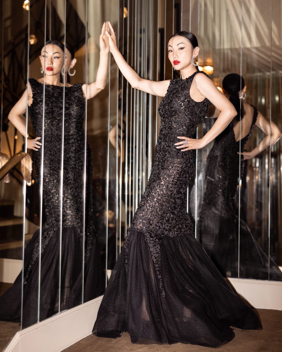 jessica wang wearing a black alberta ferretti fishtail gown with sequin // Jessica Wang - Notjessfashion.com