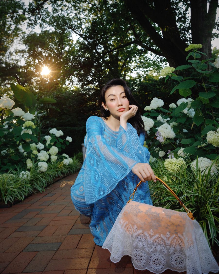 jessica wang wearing a blue embroidered mesh dress with fendi pumps and a orange fendi embroidered baguette bag while sharing her self-care practices to stay healthy on the go // Jessica Wang - Notjessfashion.com