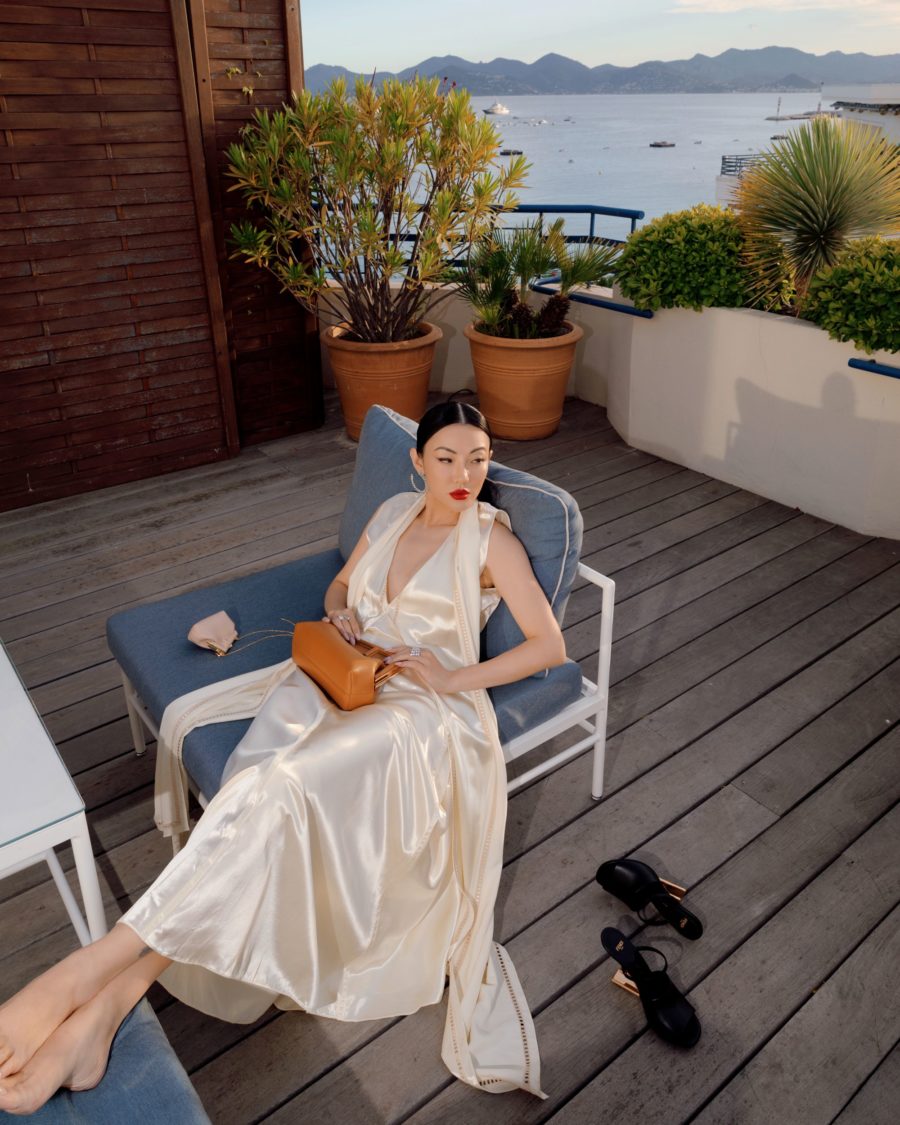 jessica wang wearing a white fendi satin dress at the cannes film festival 2021 // Jessica Wang - Notjessfashion.com