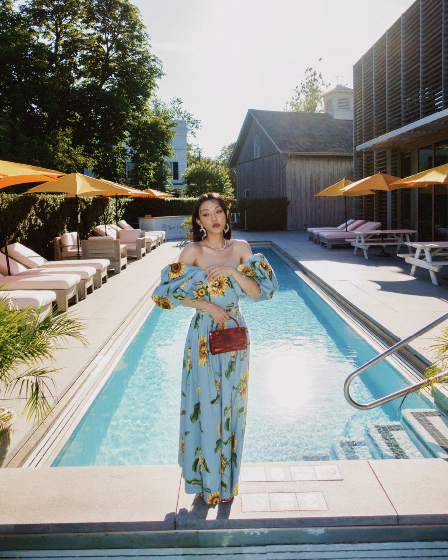 jessica wang wearing light blue floral puff sleeve dress featuring oscar de la renta while sharing her favorite floral end of summer outfits // Jessica Wang - Notjessfashion.com