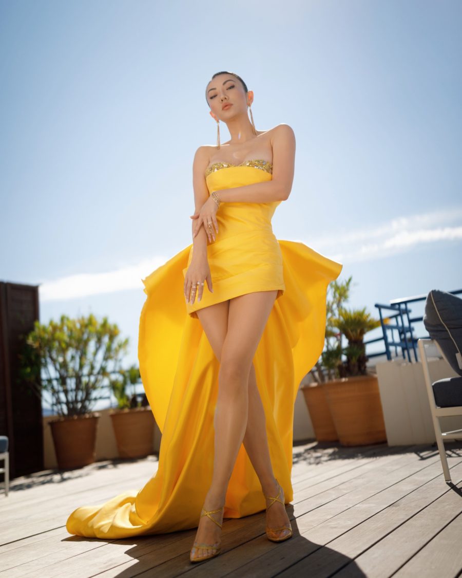 Jessica Wang wearing a strapless mini dress with a train while sharing her style resolutions 2022 // Jessica Wang - Notjessfashion.com