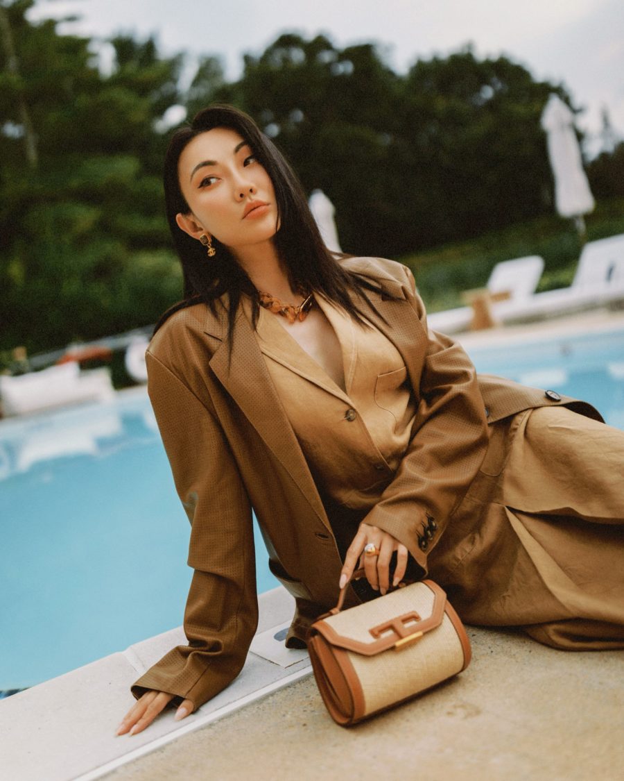 jessica wang wearing a back to office outfit featuring a tan blazer and a tan button up dress with a tods top handle bag in brown // Jessica Wang - Notjessfashion.com