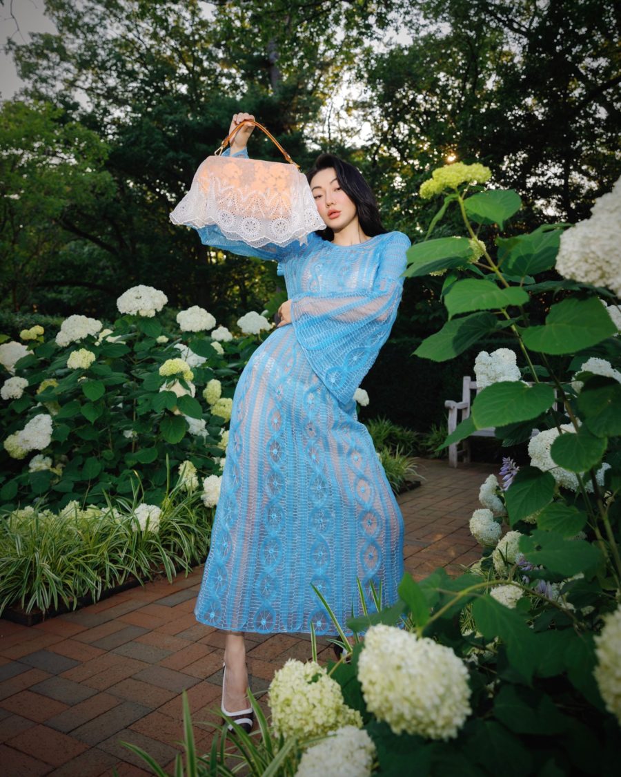 Jessica Wang wearing a blue mesh lace midi dress featuring fendi, fendi pumps, and a fendi handbag while sharing her tips on becoming an influencer in 2021 // Jessica Wang - Notjessfashion.com