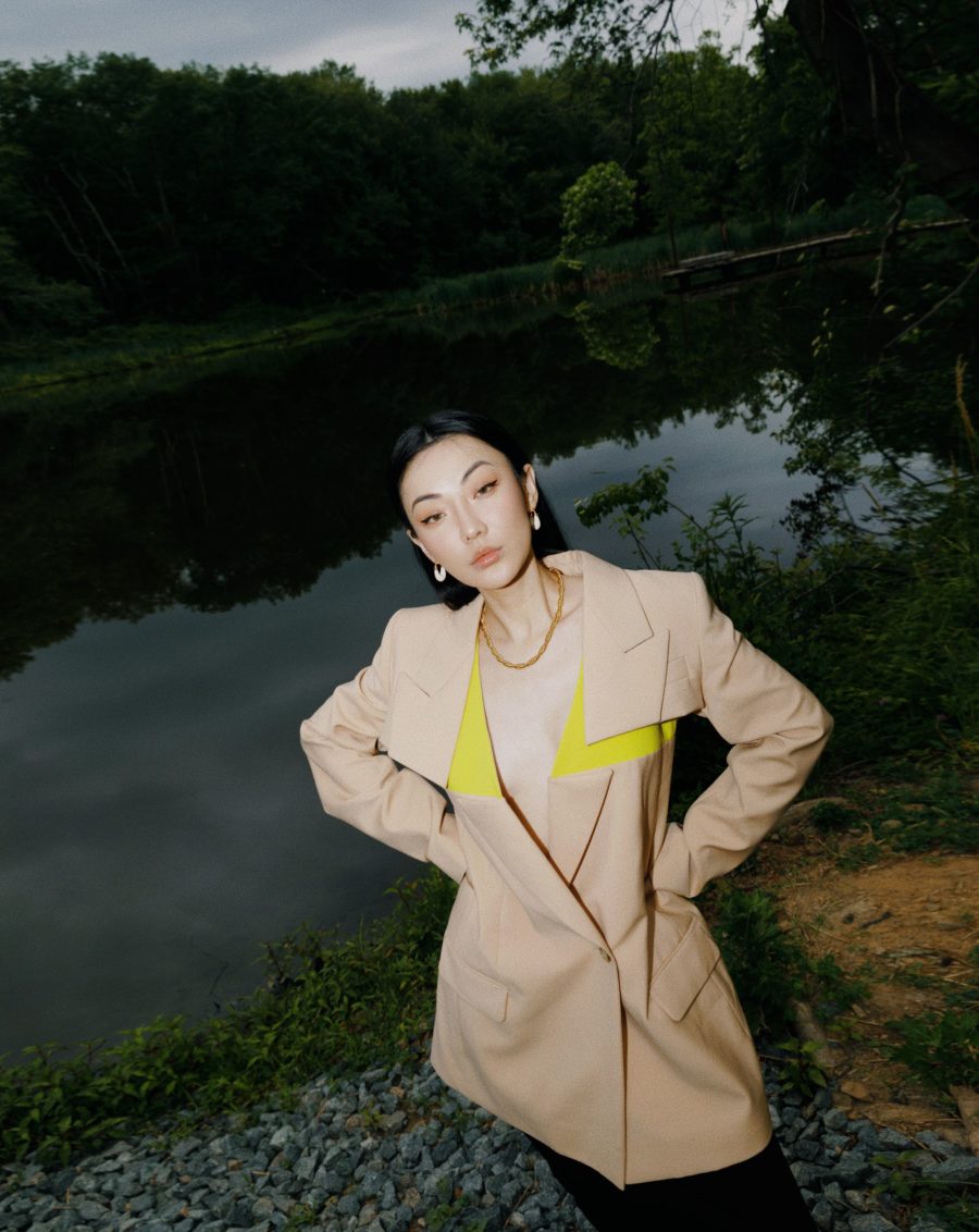 jessica wang wearing a yellow and beige oversized blazer featuring nina ricci for a stylish labor day outfit // Jessica Wang - Notjessfashion.com