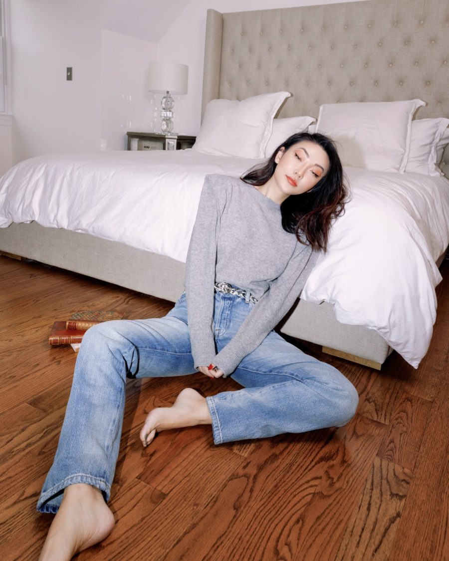 jessica wang wearing frame denim in her bedroom // Jessica Wang - Notjessfashion.com