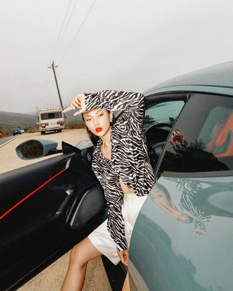 jessica wang wearing a zebra print button up shirt, and bermuda shorts // Jessica Wang - Notjessfashion.com