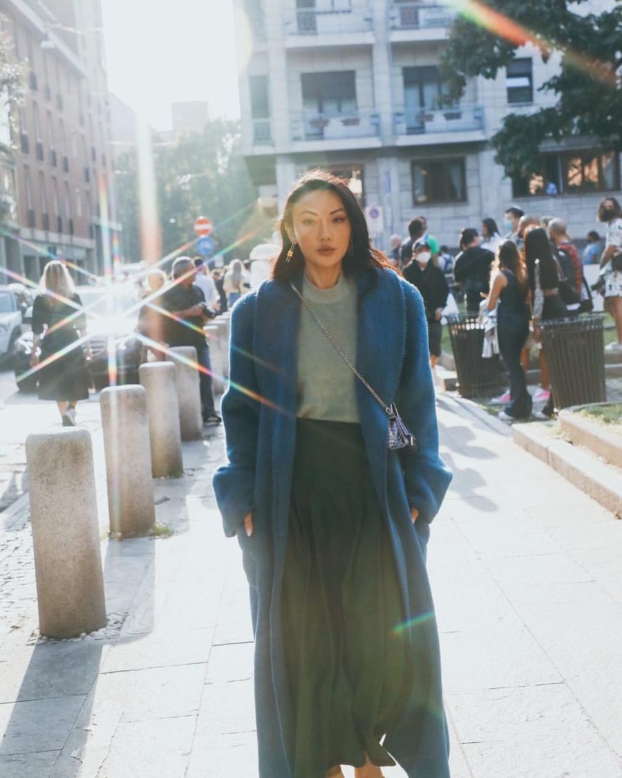 fall street style looks featuring Jessica Wang wearing a blue colored coat and light blue crewneck sweater in Milan // Jessica Wang - Notjessfashion.com