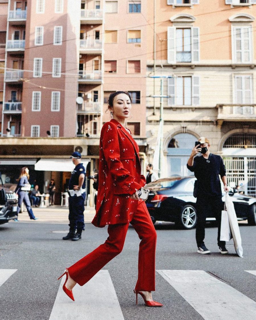 Jessica Wang wearing a red Max Mara Coat with a red Max Mara tank top and red Max Mara trousers in Milan // Jessica Wang - Notjessfashion.com