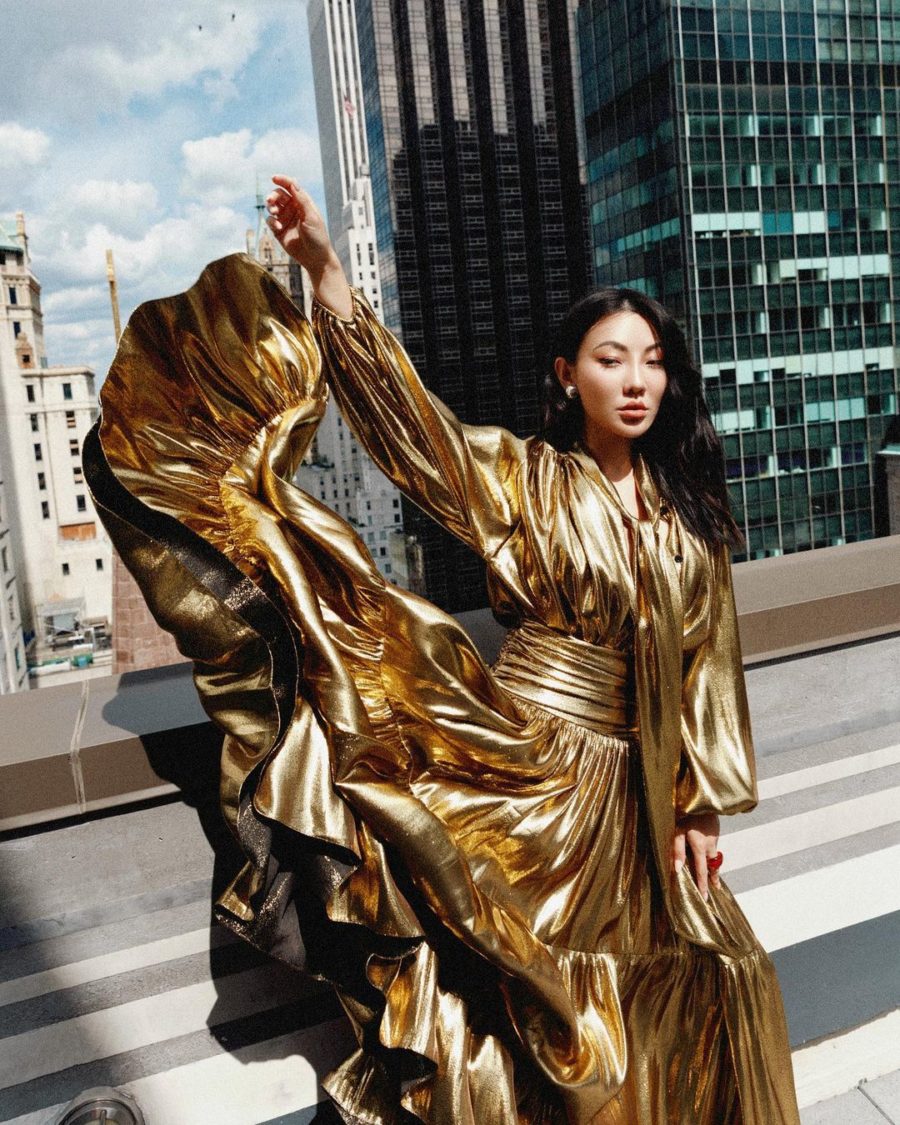 jessica wang wearing spring trends from nyfw featuring a metallic gold dress // Jessica Wang - Notjessfashion.com