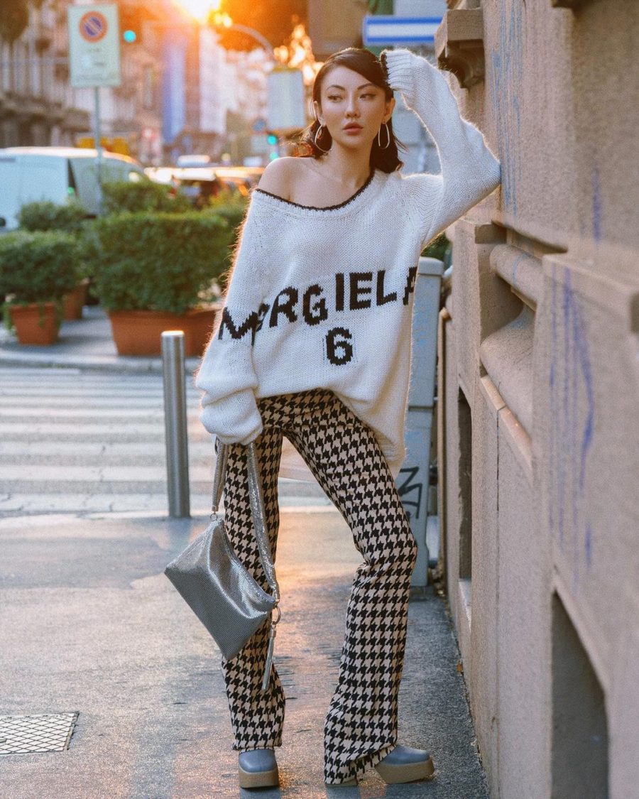 Jessica Wang wearing a neutral outfit by Maison Margiela with houndstooth printed pants and a jimmy choo metallic shoulder bag // Jessica Wang - Notjessfashion.com
