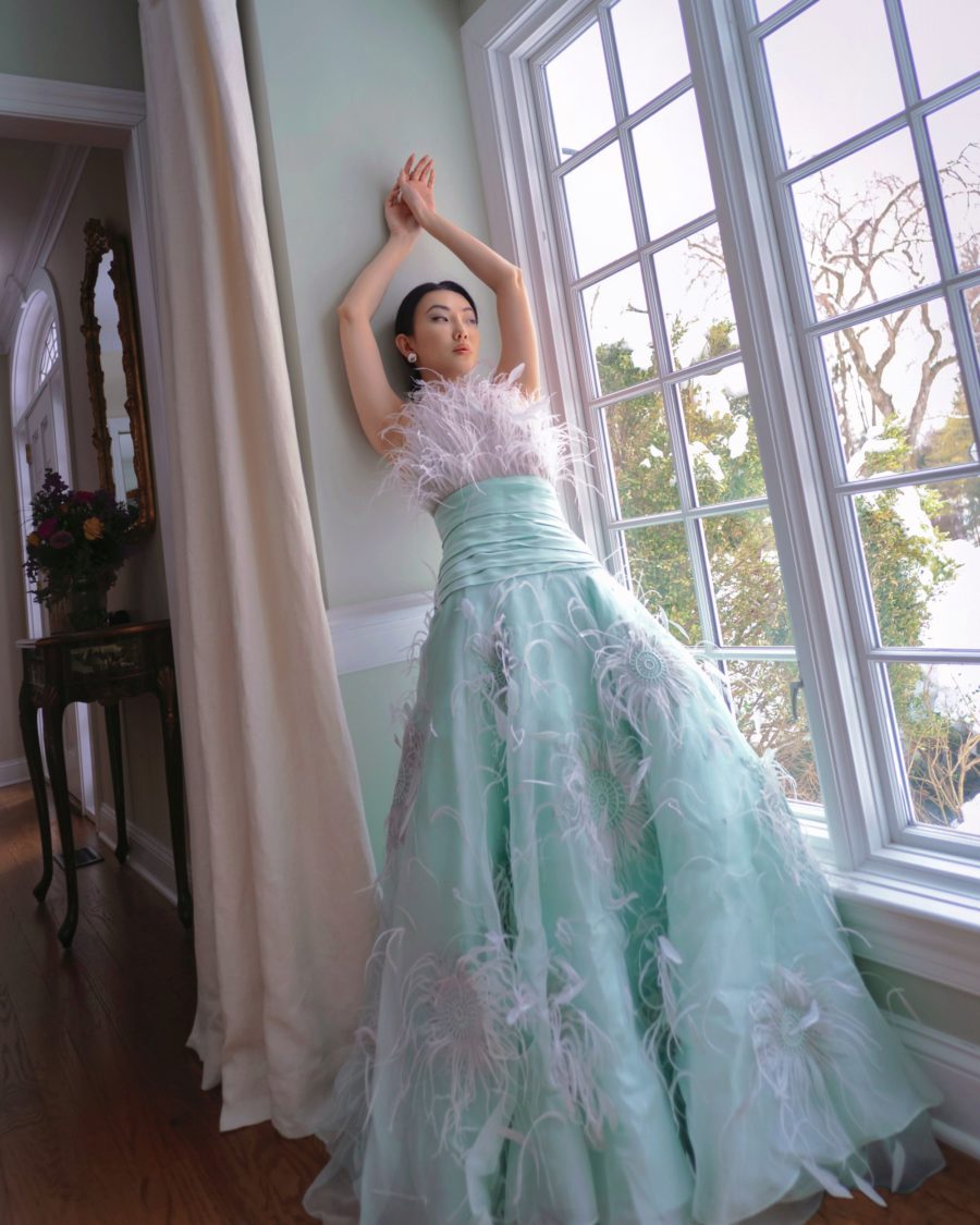 Jessica Wang wearing 2022 resort trends featuring a feather gown by prabal gurung // Jessica Wang - Notjessfashion.com