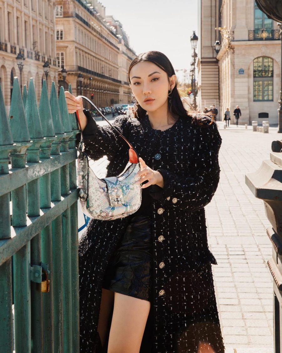 Jessica Wang wearing a tweed jacket with a leather mini skirt and christian louboutin Calf Boots while sharing early black friday sales // Jessica Wang - Notjessfashion.com
