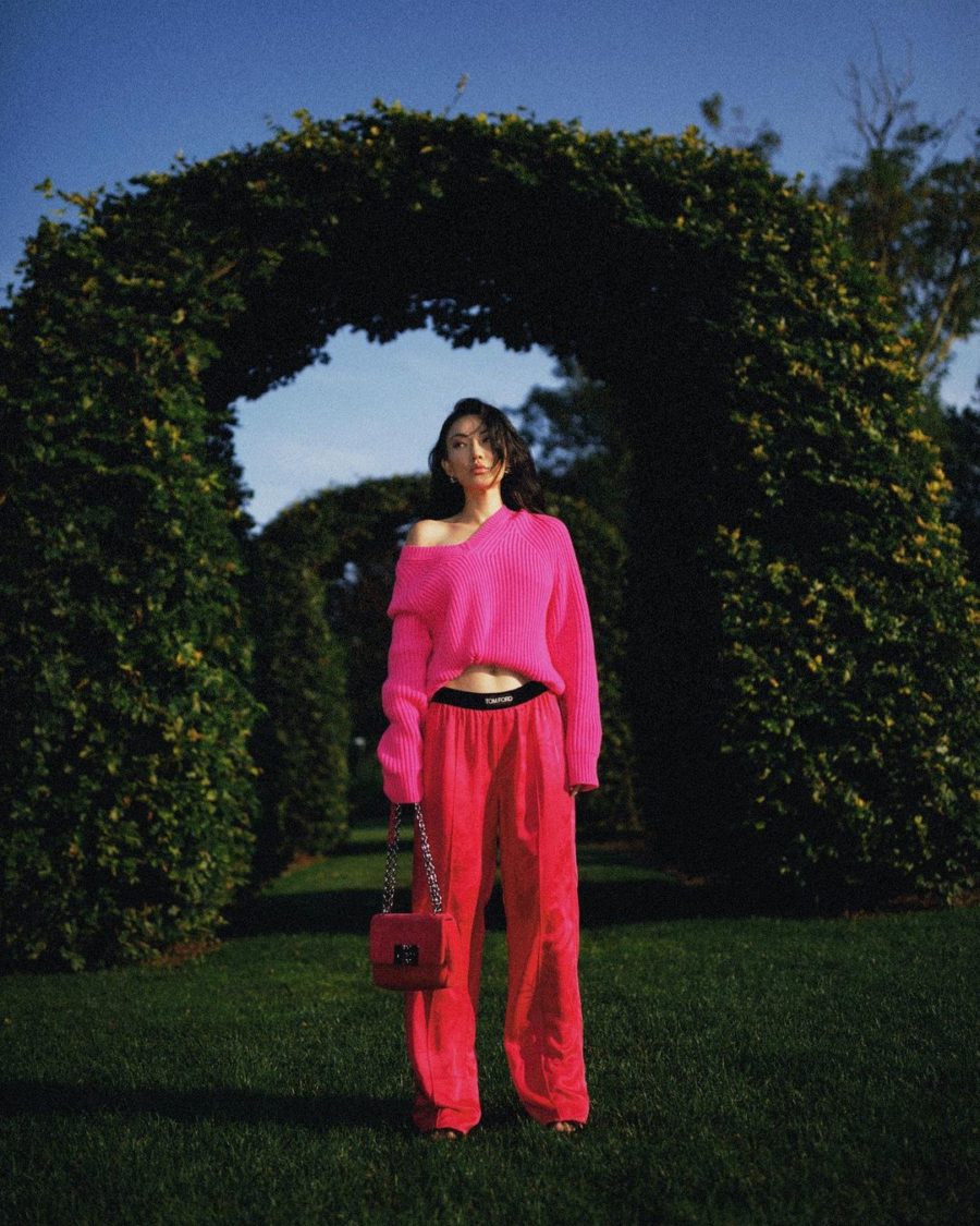 Jessica Wang wearing fall must-haves featuring a fuschia knit sweater with pink pants // Jessica Wang - Notjessfashion.com