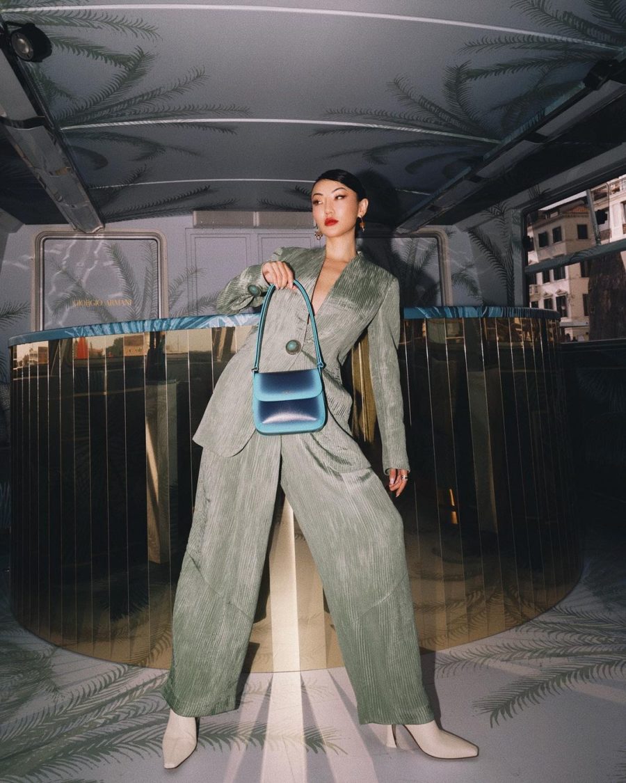 Jessica Wang wearing fall must-haves featuring a blazer and trousers in sage by giorgio armani // Jessica Wang - Notjessfashion.com