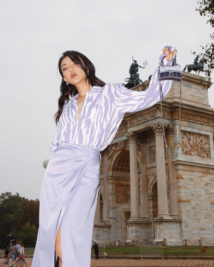 Jessica Wang wearing her favorite fall and winter handbags for 2021 with a zebra print shirt and a lilac skirt // Jessica Wang - Notjessfashion.com