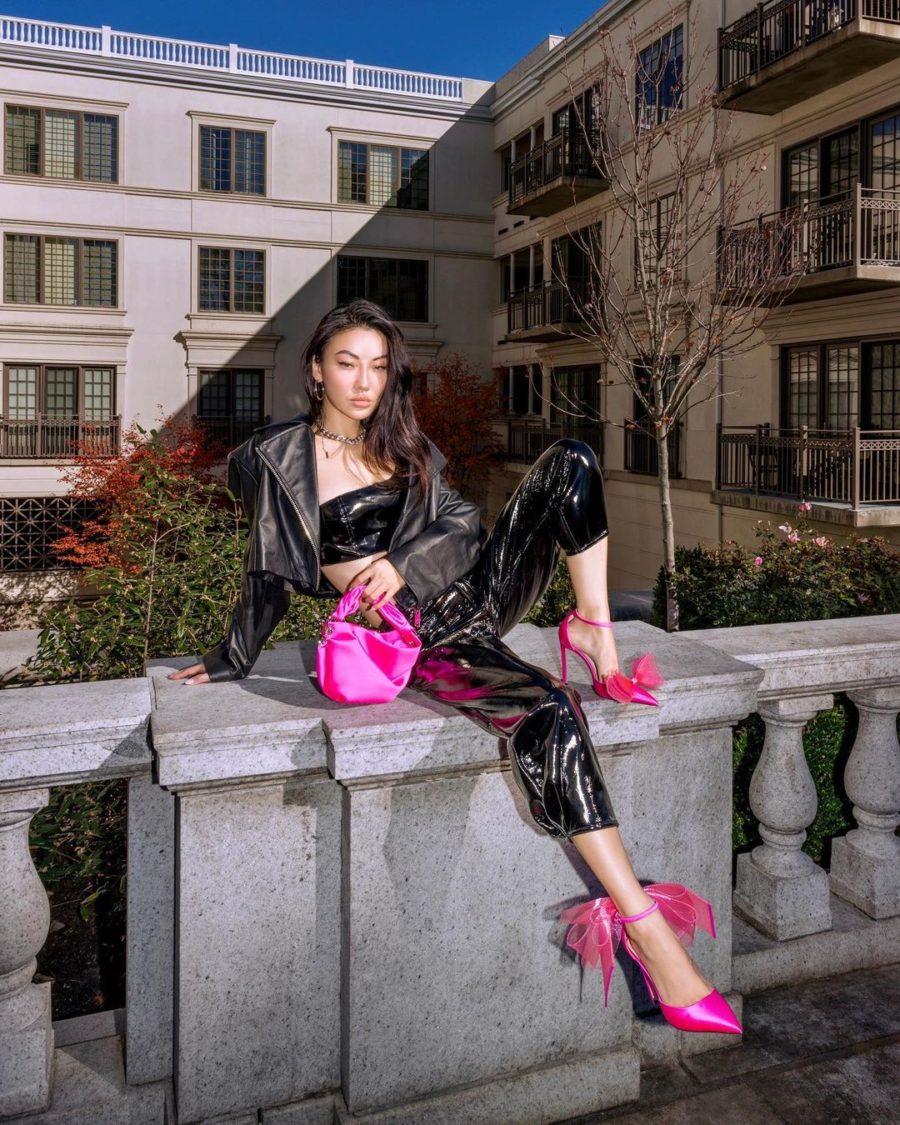 Jessica Wang wearing a leather jacket and pink jimmy choo heels while sharing cyber monday 2021 deals // Jessica Wang - Notjessfashion.com