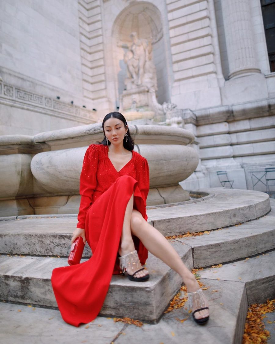 Jessica Wang wearing a red dress with crystal embellished sandals and a red croc embossed clutch while sharing the best early black friday sales // Jessica Wang - Notjessfashion.com